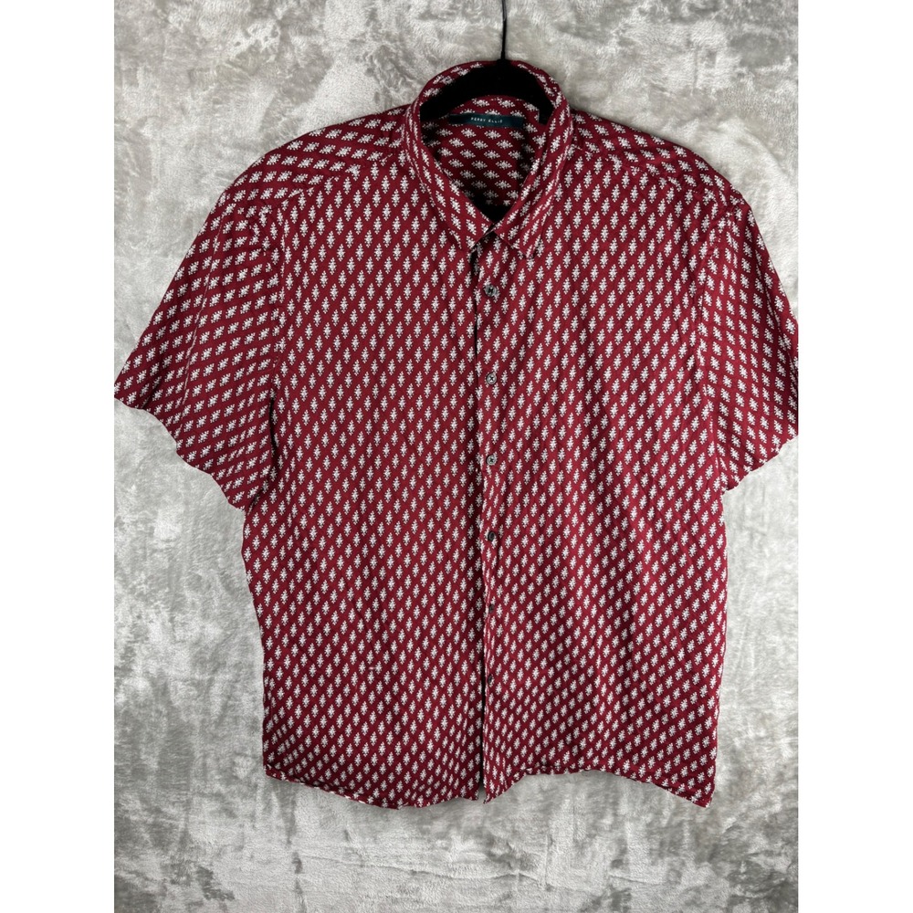 Perry Ellis Men's Red Geometric Print Short Sleeve Button‎ Up Shirt XXL Cotton
